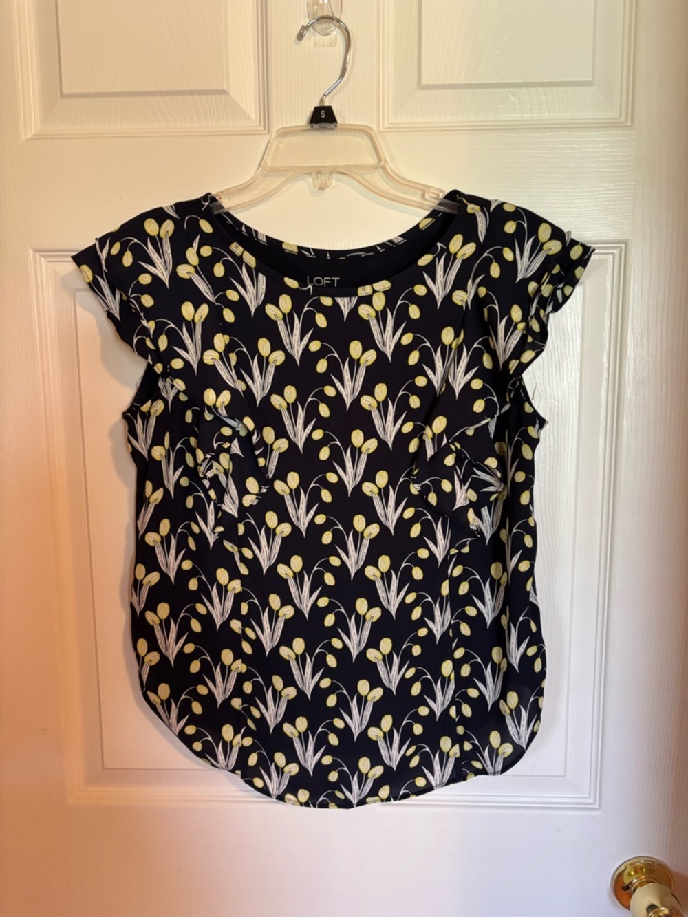 LOFT Black Floral Ruffle Sleeve Blouse with Yellow & White Print